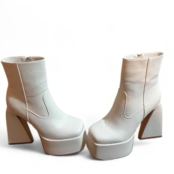 Chic Cream Platform Heeled Boots - Picture 3 of 3